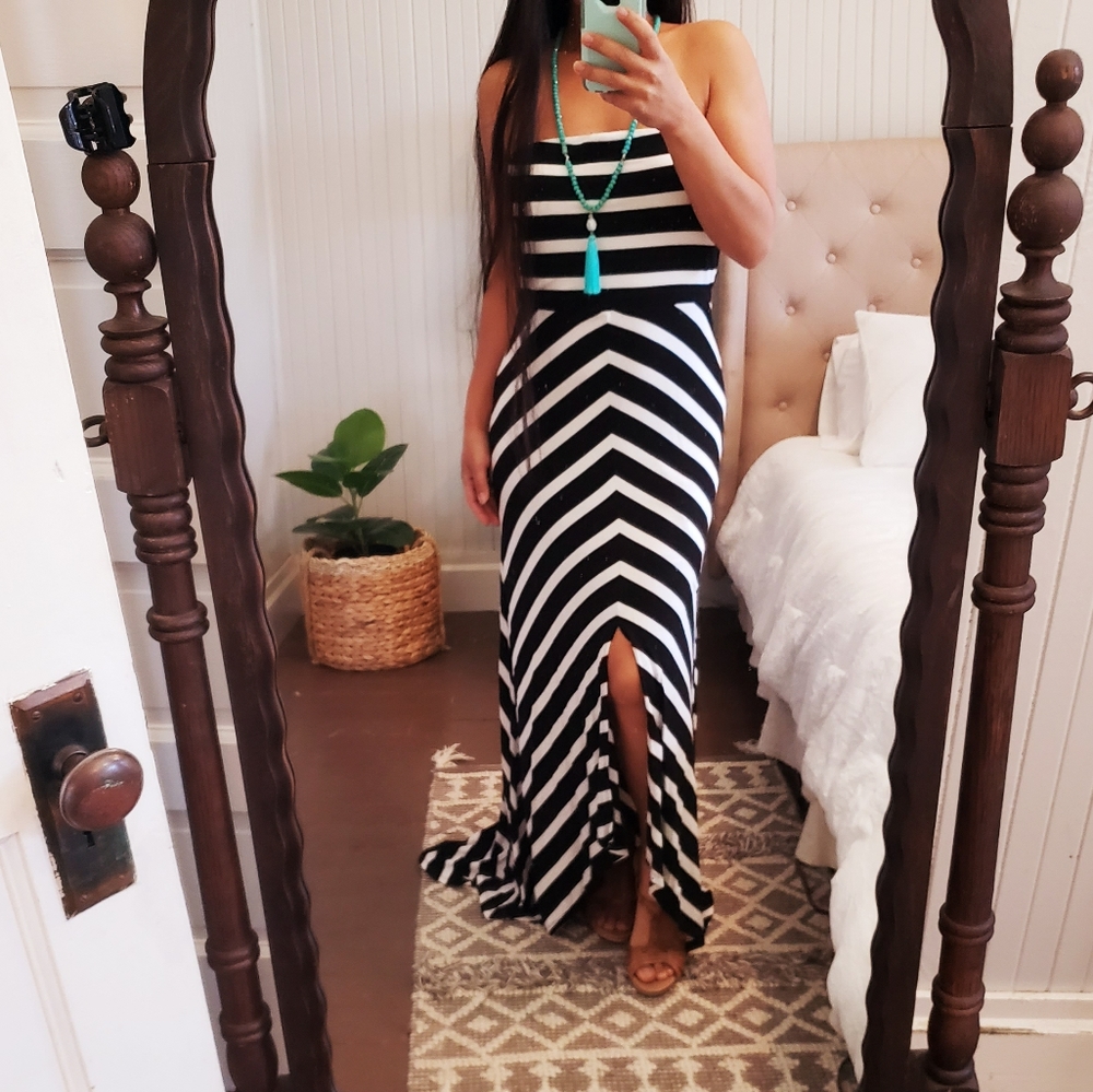 WHBM Strapless Black Striped HiLo Maxi Dress